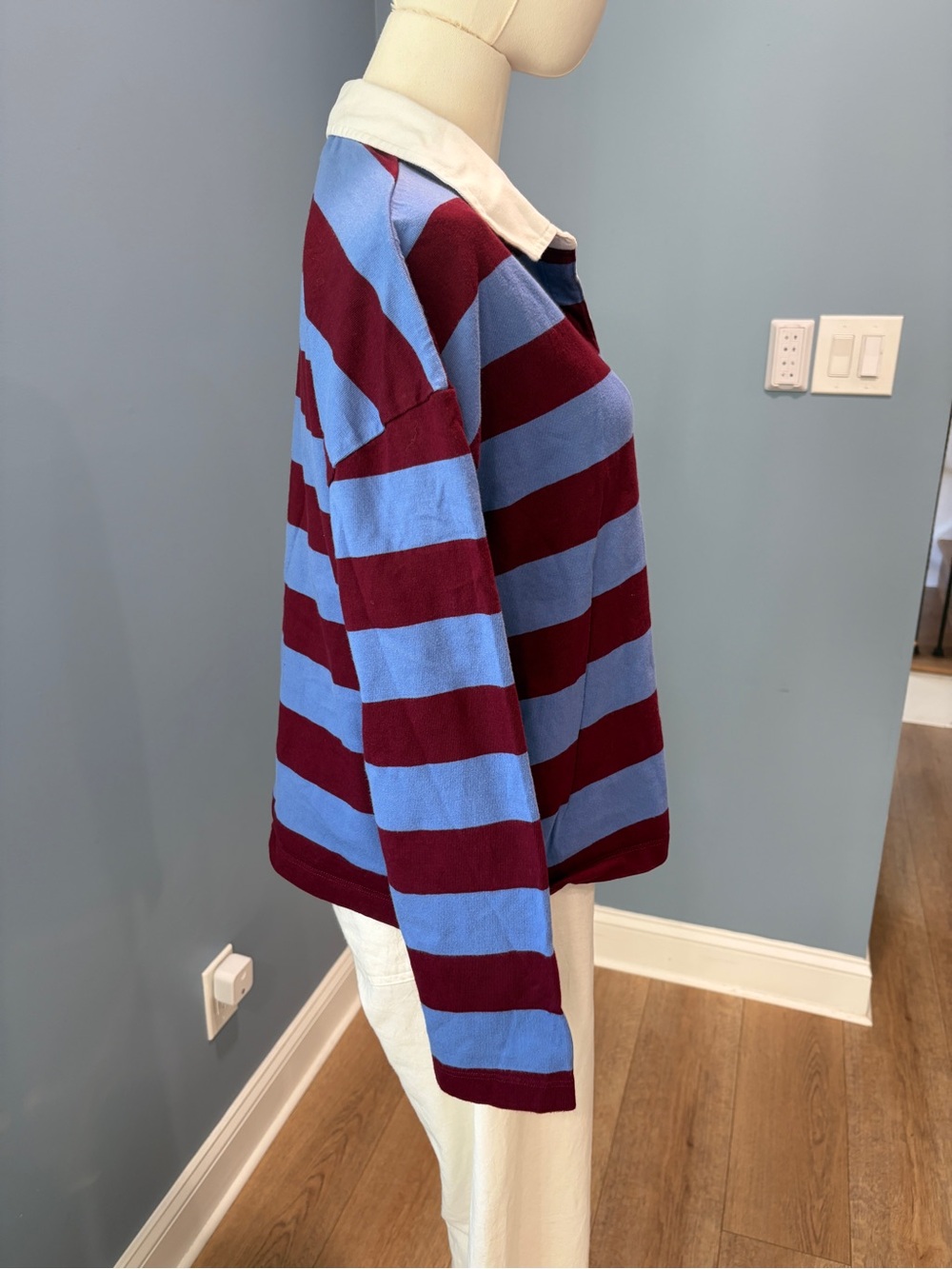 J.Crew Striped Rugby Shirt Burgundy Blue Cotton Collared Top Medium - Picture 5 of 8